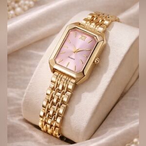 Classic Gold Pink Quartz Watch —Pink Dial & Linked Bracelet